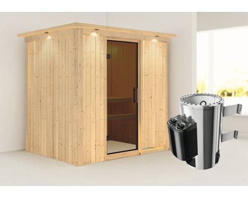 Sauna Plug & Play Karibu Wanja avec poêle 3,6 kW et commande intégrée avec couronne et porte entièrement vitrée coloris graphite