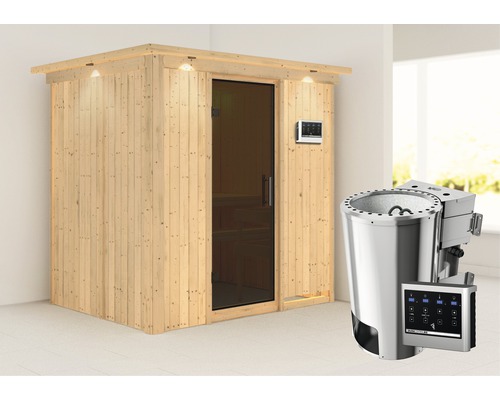 Sauna Plug & Play Karibu Wanja avec poêle bio 3,6 kW et commande externe, avec couronne et porte entièrement vitrée coloris graphite