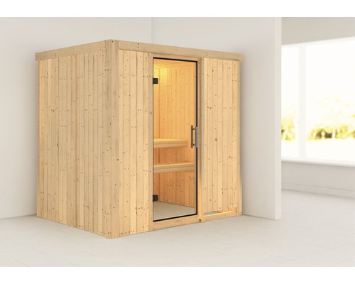 Plug & Play Sauna Karibu Wanja ohne Ofen und Dachkranz mit Ganzglastüre aus Klarglas