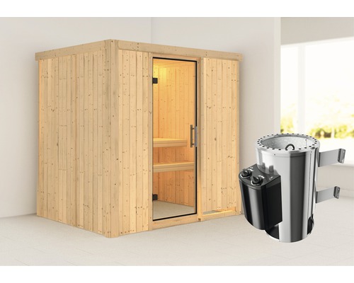 Sauna Plug & Play Karibu Wanja avec poêle 3,6 kW et commande intégrée sans couronne, avec porte entièrement vitrée transparente