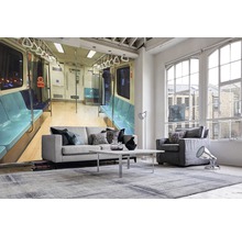 Wohnraum mit Fototapete eines U-Bahn-Wagons, Sofa, Sessel, Couchtisch und Teppich