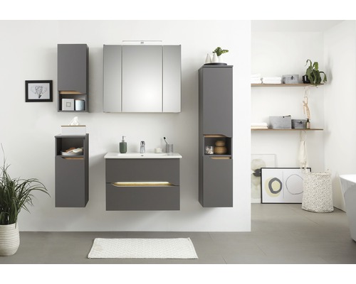 Salle de bains avec meuble sous-vasque, armoire de toilette à miroir et armoires hautes en gris