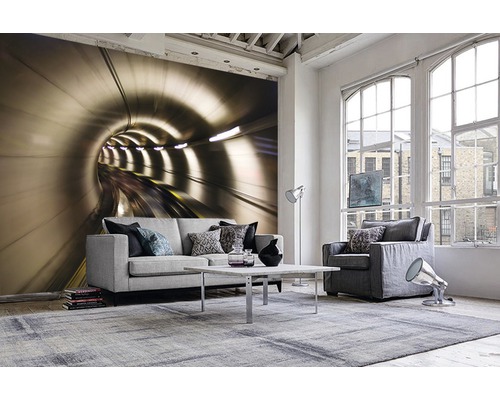 Salon avec papier peint photo tunnel, canapé, fauteuil et tapis