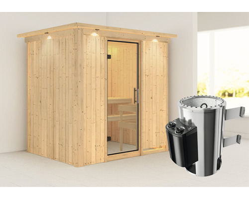 Sauna Plug & Play Karibu Wanja avec poêle 3,6 kW et commande intégrée avec couronne et porte entièrement vitrée transparente