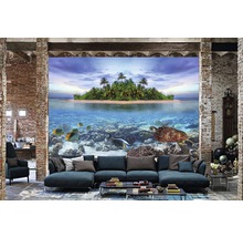 Espace de vie avec papier peint photo représentant une île tropicale, des poissons et une tortue