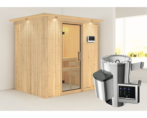 Sauna Plug & Play Karibu Wanja avec poêle 3,6 kW et commande externe, avec couronne et porte entièrement vitrée transparente