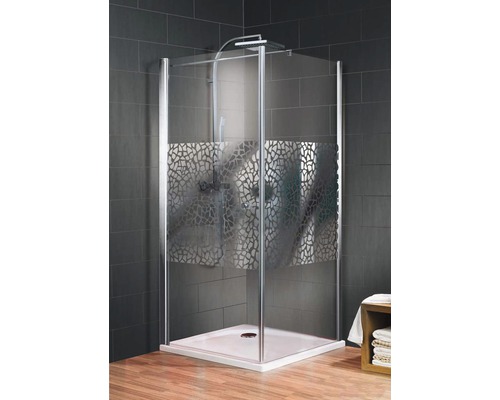 Drehtür inkl. Seitenwand Schulte Alexa Style 2.0 90x90 cm Dekor Terrazzo Chrom Profilfarbe aluminium Duschkabine mit Muster und Duschtasse im Badezimmer