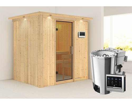 Sauna Plug & Play Karibu Wanja avec poêle bio 3,6 kW et commande externe, avec couronne et porte entièrement vitrée transparente