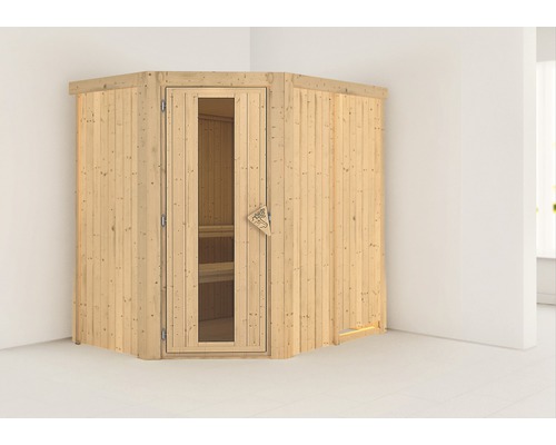 Plug & Play Sauna Karibu Laja ohne Ofen und Dachkranz mit Holztüre und Isolierglas wärmegedämmt