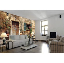 Wohnzimmer mit Fototapete mit Steinmauer und Fensterläden