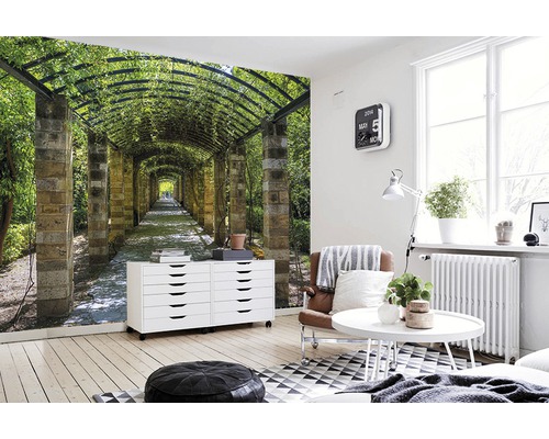 Pièce à vivre avec un papier peint photo représentant une tonnelle.