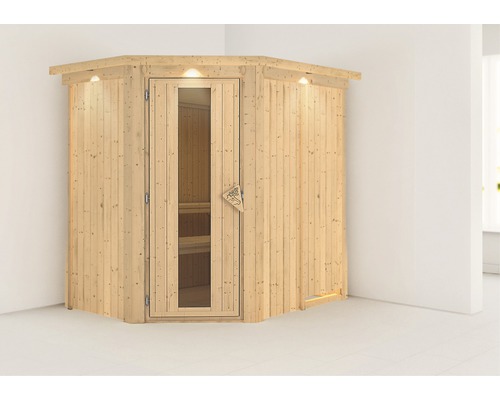 Sauna Plug & Play Karibu Achat IV sans poêle avec couronne et porte bois en verre isolé thermiquement