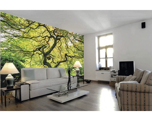 Salon avec papier peint photo à motif d''arbre