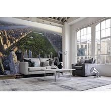 Wohnzimmer mit Fototapete, Sofa, Sessel und Teppich