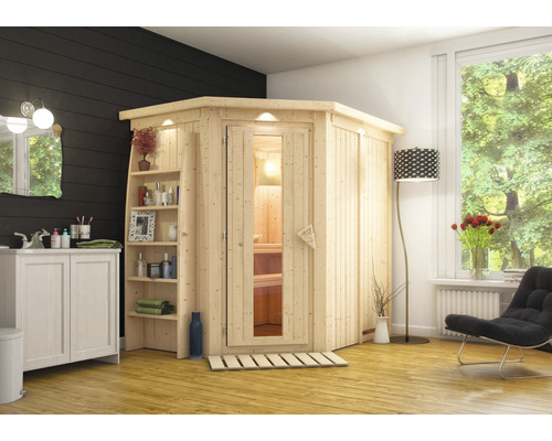 Sauna Plug & Play Karibu Achat IV avec poêle 3,6 kW et commande intégrée, avec couronne et porte bois en verre isolé thermiquement