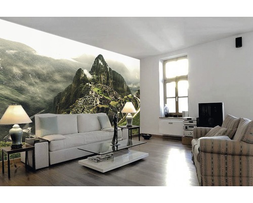Salon avec papier peint photo paysage de montagne Machu Picchu