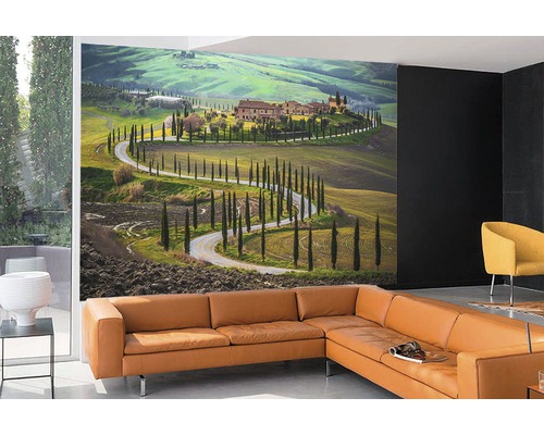 Salon avec papier peint photo d''un paysage toscan avec une allée de cyprès