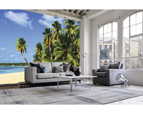 Salon avec papier peint photo d''un paysage de plage tropical