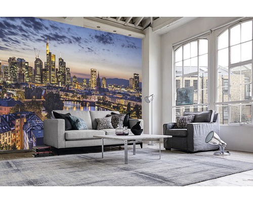 Salon avec papier peint photo d''une ligne d''horizon, canapé, fauteuil et tapis