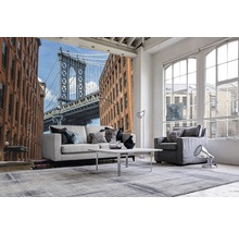 Salon avec papier peint photo représentant un pont et des bâtiments, avec canapé, fauteuil et tapis