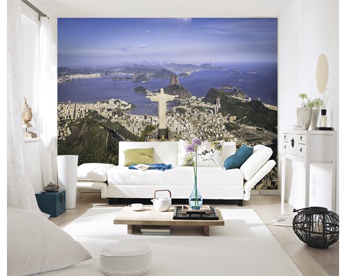 Salon avec papier peint photo de Rio de Janeiro, Brésil, avec statue du Christ Rédempteur