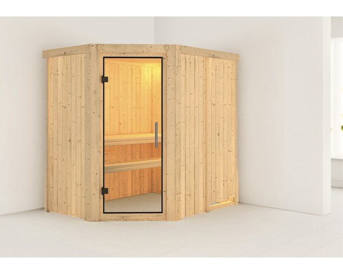Sauna Plug & Play Karibu Laja sans poêle ni couronne, avec porte entièrement vitrée transparente