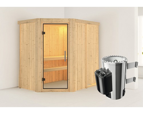 Sauna Plug & Play Karibu Laja avec poêle 3,6 kW et commande intégrée, sans couronne, avec porte entièrement vitrée transparente