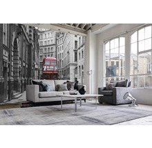 Wohnzimmer mit Sofa, Sessel, Teppich und Fototapete mit Londoner Stadtmotiv