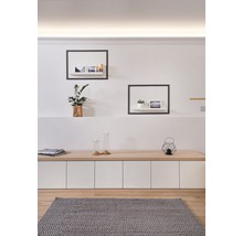 Wohnzimmer mit Holzboden, grauem Teppich, Sideboard und Wandregalen