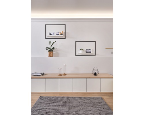 Wohnzimmer mit Holzboden, grauem Teppich, Sideboard und Wandregalen