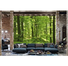 Wohnzimmer mit Fototapete, die einen grünen Wald zeigt