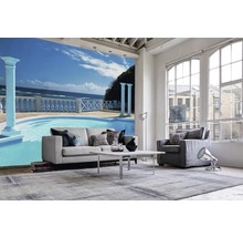 Salon avec papier peint photo d''un paysage de piscine