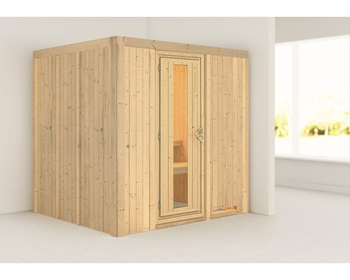 Sauna Plug & Play Karibu Maria sans poêle ni couronne, avec porte en bois et verre isolé thermiquement