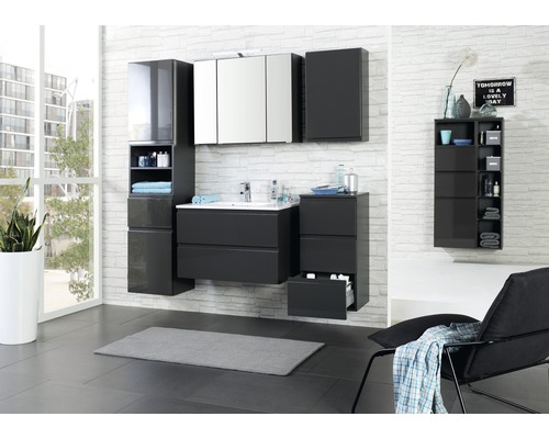 Salle de bains moderne avec meubles de salle de bains noirs, armoire de toilette et lavabo.