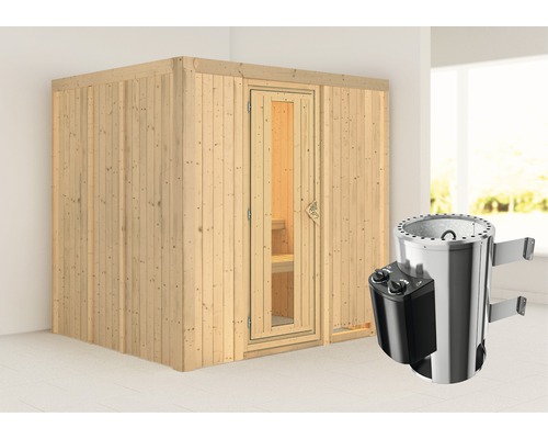 Sauna Plug & Play Karibu Maria avec poêle 3,6 kW et commande intégrée, sans couronne, avec porte bois en verre isolé thermiquement