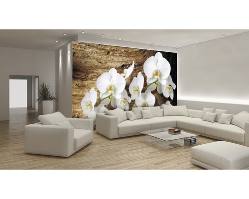 Salon avec papier peint photo avec des orchidées sur fond de bois, canapé et fauteuil