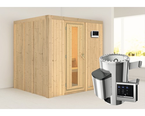 Sauna Plug & Play Karibu Maria poêle 3,6 kW et commande externe, sans couronne et porte en bois avec verre à isolation thermique