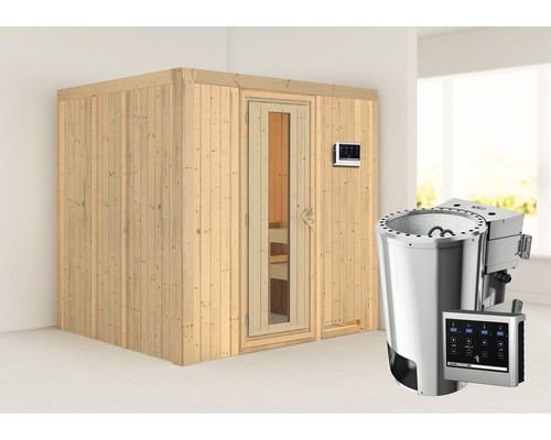 Sauna Plug & Play Karibu Maria avec poêle Bio 3,6 kW et commande externe, avec couronne et porte bois en verre isolé thermiquement