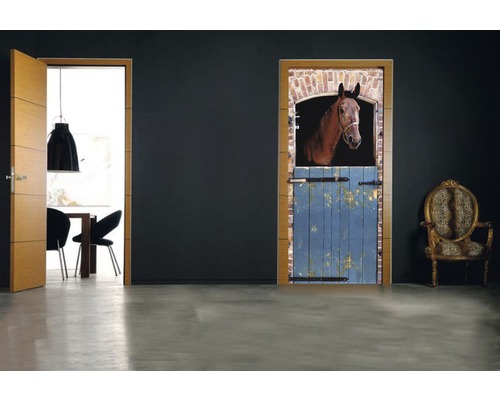 Zwei Innentüren vor dunkler Wand: Eine Tür offen, eine mit Pferdemotiv.