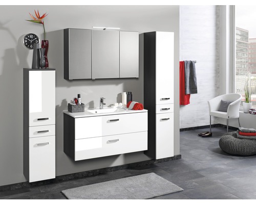 Modernes Badezimmer mit Waschtisch, Spiegelschrank und Hochschränken in Hochglanz