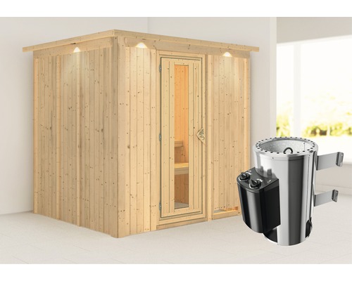 Sauna Plug & Play Karibu Achat VIII y compris poêle 3,6 kW et commande intégrée avec couronne et porte en bois en verre isolant isolé thermiquement