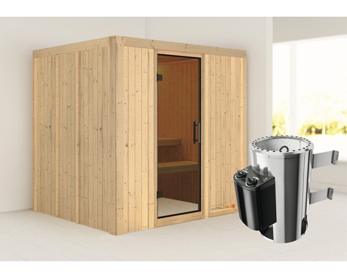 Sauna Plug & Play Karibu Maria avec poêle 3,6 kW et commande intégrée, sans couronne, avec porte entièrement vitrée coloris graphite