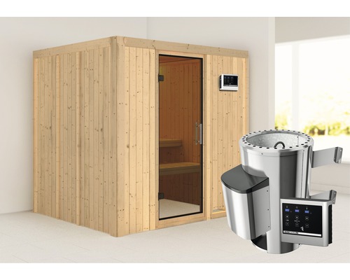 Sauna Plug & Play Karibu Maria avec poêle 3,6 kW et commande externe sans couronne, avec porte entièrement vitrée coloris graphite