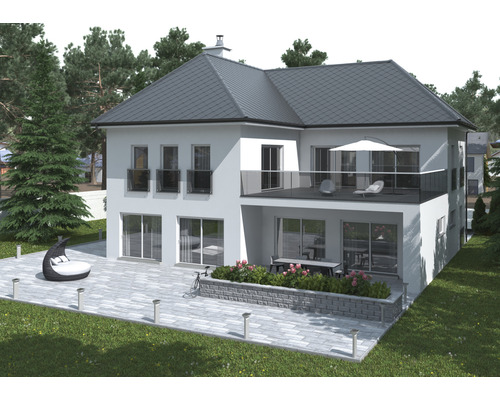 Vue d''une maison à deux étages avec terrasse, balcon et jardin