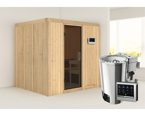 Sauna Plug & Play Karibu Maria avec poêle bio 3,6 kW et commande externe sans couronne, avec porte entièrement vitrée coloris graphite