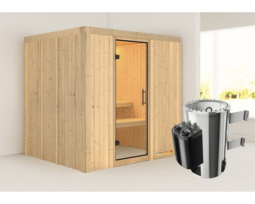 Sauna Plug & Play Karibu Maria avec poêle 3,6 kW et commande intégrée, sans couronne, avec porte entièrement vitrée transparente