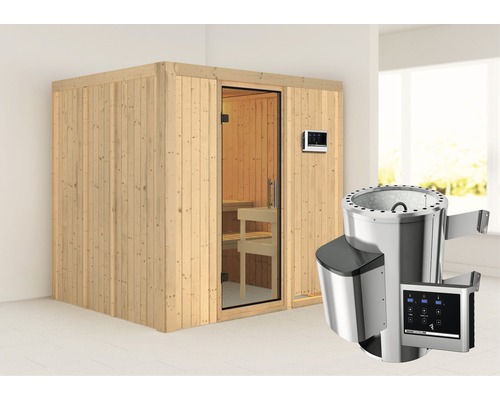 Sauna Plug & Play Karibu Maria avec poêle 3,6 kW et commande externe sans couronne et avec porte entièrement vitrée transparente