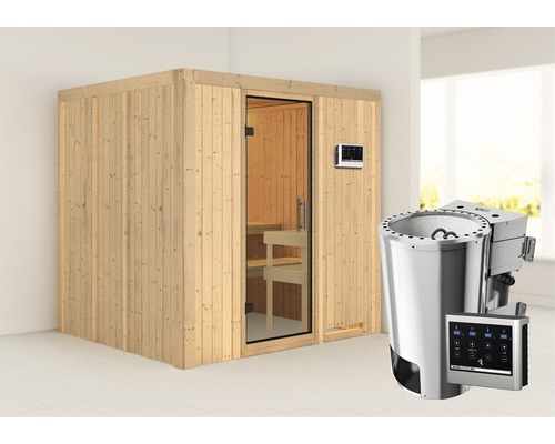 Sauna Plug & Play Karibu Maria avec poêle bio 3,6 kW et commande externe sans couronne et avec porte entièrement vitrée transparente