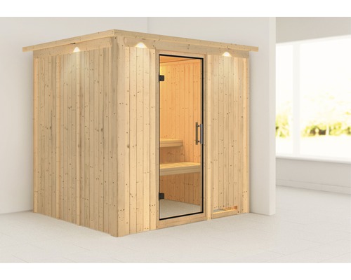 Plug & Play Sauna Karibu Achat VIII ohne Ofen mit Dachkranz und Ganzglastüre aus Klarglas