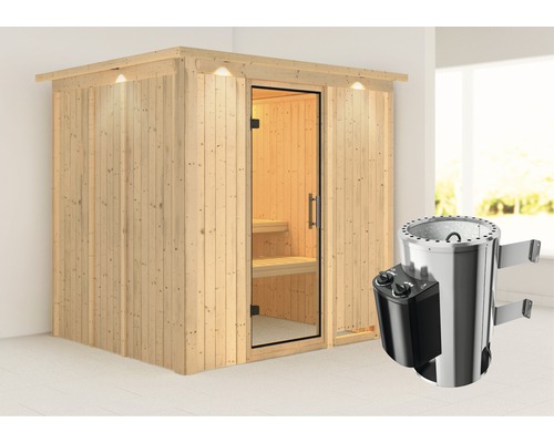 Sauna Plug & Play Karibu Achat VIII avec poêle 3,6 kW et commande intégrée, avec couronne et porte entièrement vitrée transparente